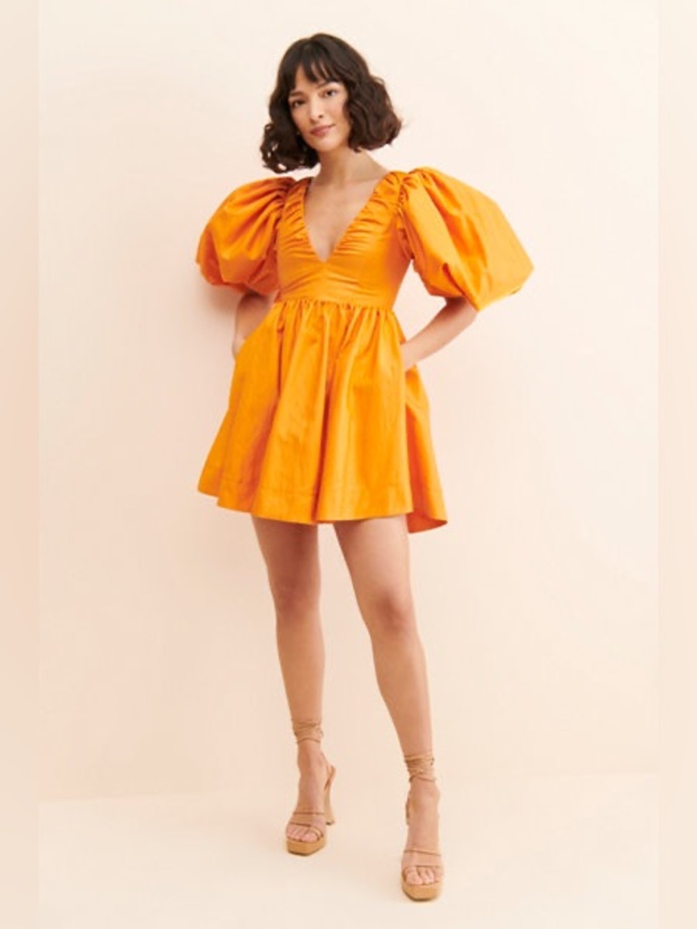Orange Puff-Sleeve Mini Dress - Women